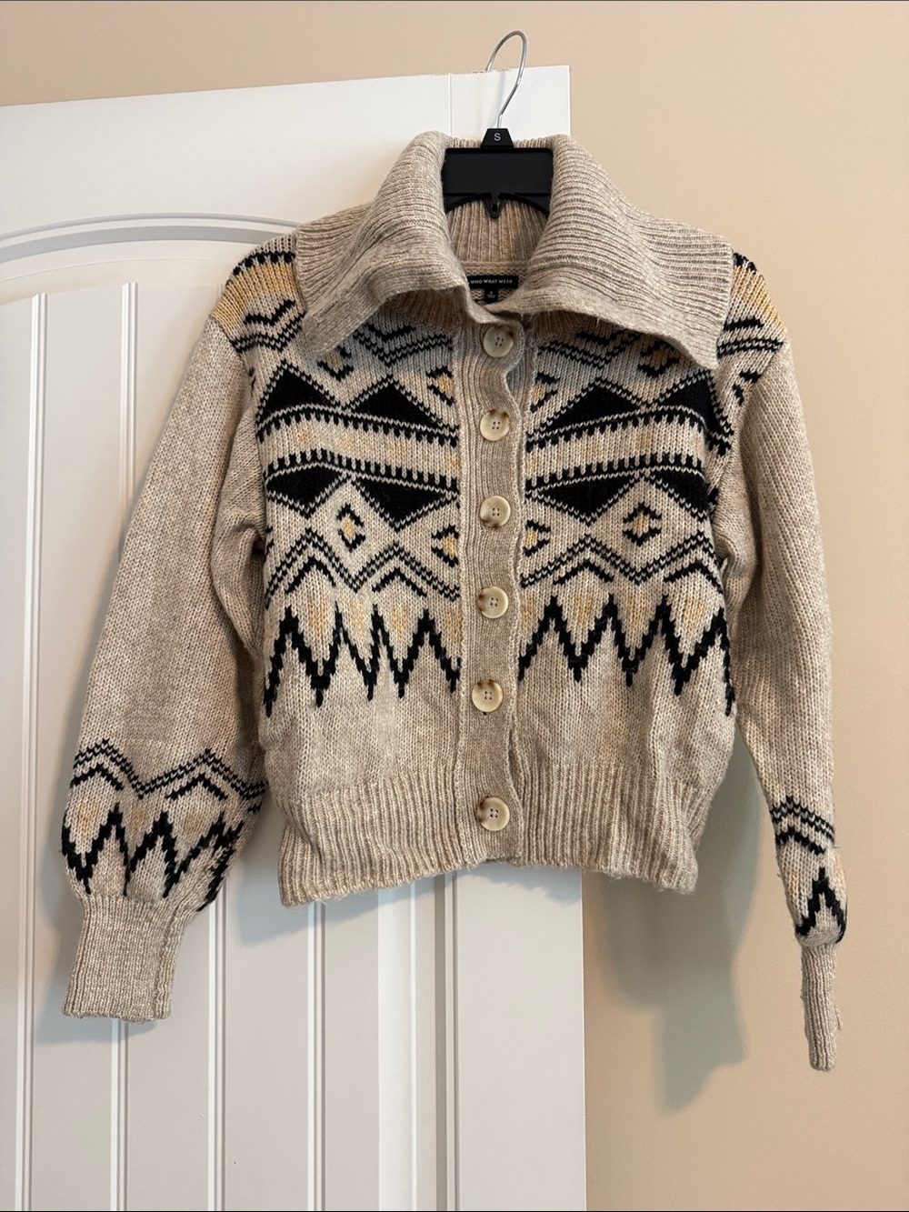 Cream Fair Isle Button-Up Collared Cardigan Sweater
